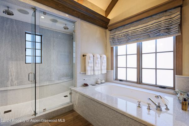 Bathroom, Glass Shower, Interior, Recessed Lighting, Wood Texture Flooring