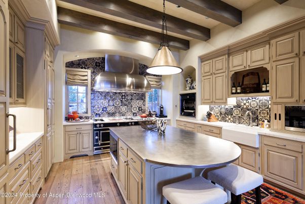 Interior, Kitchen, Pendant Lights, Recessed Lighting, Stainless Steel Appliances, Wooden Beams, Wood Texture Flooring