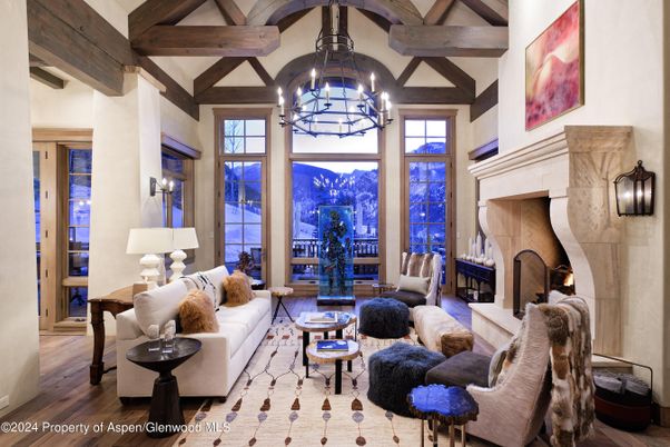 Chandelier, Fireplace, Interior, Living room, Wooden Beams, Wood Texture Flooring