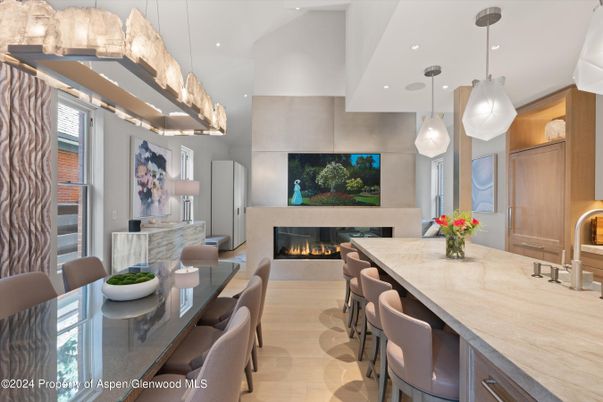 Dining room, Fireplace, Interior, Kitchen, Pendant Lights, Recessed Lighting, Wood Texture Flooring