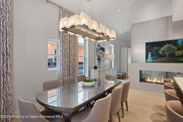 Dining room, Fireplace, Interior, Pendant Lights, Wood Texture Flooring