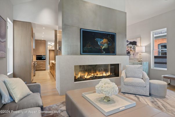 Fireplace, Interior, Kitchen, Living room, Pendant Lights, Recessed Lighting, Wood Texture Flooring