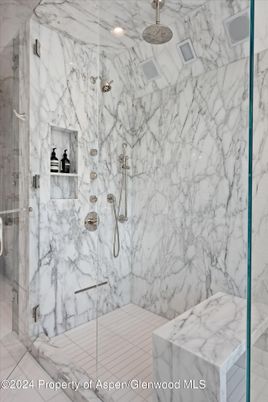 Bathroom, Glass Shower, Interior, Marble Walls, Recessed Lighting
