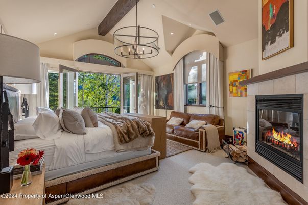Bedroom, Chandelier, Fireplace, Interior, Recessed Lighting, Wooden Beams
