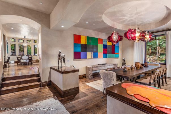 Dining room, Interior, Pendant Lights, Recessed Lighting, Wood Texture Flooring