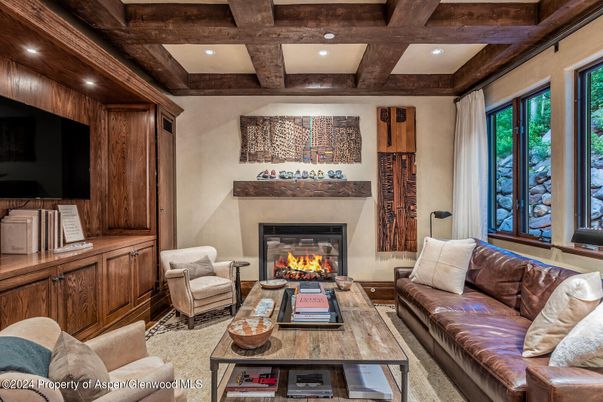Fireplace, Interior, Living room, Recessed Lighting, Wooden Beams