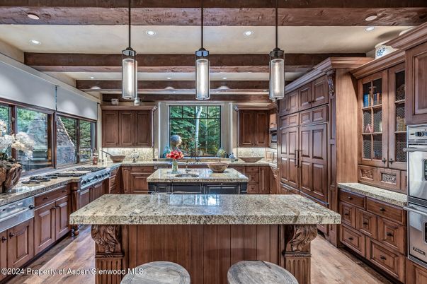 Interior, Kitchen, Pendant Lights, Recessed Lighting, Stainless Steel Appliances, Wooden Beams, Wood Texture Flooring