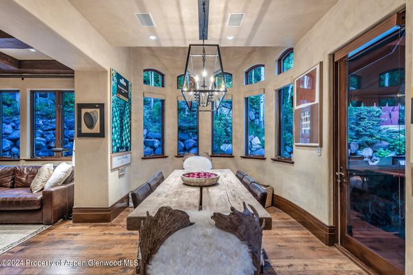 Dining room, Interior, Pendant Lights, Recessed Lighting, Wood Texture Flooring