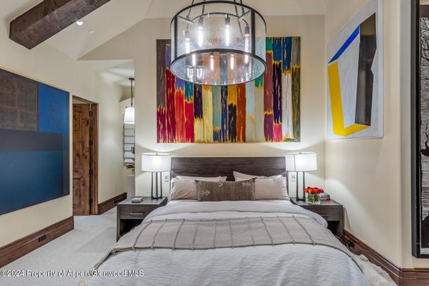 Bedroom, Interior, Pendant Lights, Recessed Lighting, Wooden Beams