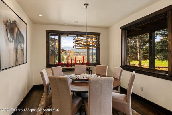Dining room, Interior, Pendant Lights, Recessed Lighting, Wood Texture Flooring