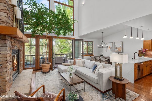 Dining room, Fireplace, Interior, Kitchen, Living room, Pendant Lights, Wood Texture Flooring