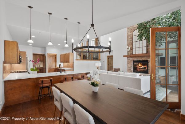 Dining room, Fireplace, Interior, Kitchen, Living room, Pendant Lights, Wood Texture Flooring