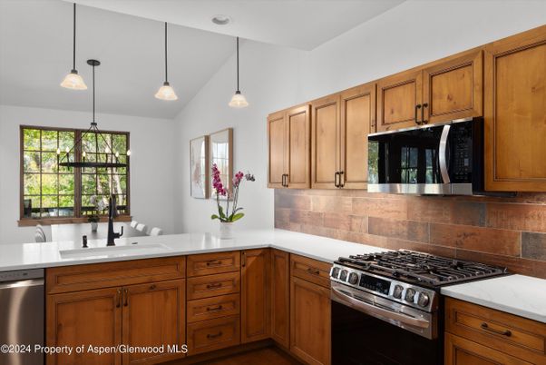 Interior, Kitchen, Pendant Lights, Stainless Steel Appliances, Wood Texture Flooring