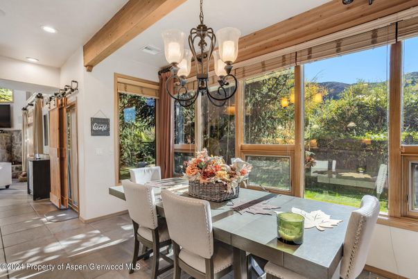 Chandelier, Dining room, Interior, Recessed Lighting, Wooden Beams