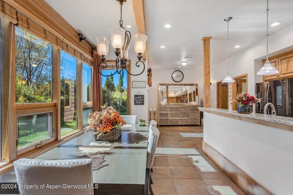Dining room, Interior, Pendant Lights, Recessed Lighting, Wooden Beams