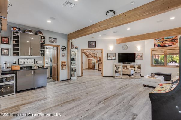 Interior, Kitchen, Living room, Recessed Lighting, Stainless Steel Appliances, Wooden Beams, Wood Texture Flooring