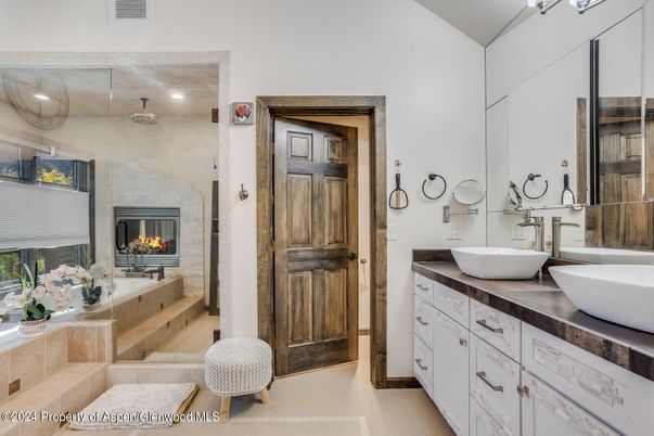 Bathroom, Dual Sink Vanities, Fireplace, Interior, Recessed Lighting