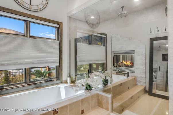 Bathroom, Fireplace, Glass Shower, Interior, Recessed Lighting