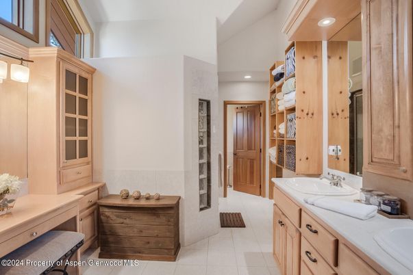 Bathroom, Dual Sink Vanities, Interior, Recessed Lighting, Tile Countertops