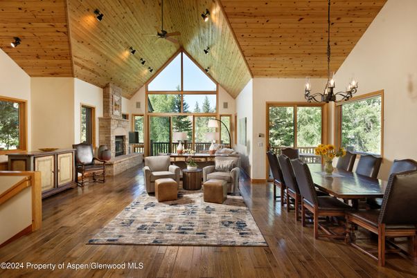 Chandelier, Dining room, Fireplace, Interior, Living room, Wooden Ceilings, Wood Texture Flooring
