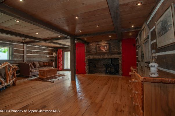 Fireplace, Interior, Recessed Lighting, Stone Walls, Wooden Beams, Wooden Ceilings, Wood Texture Flooring, Wooden Walls