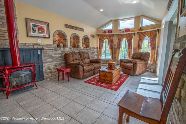 Fireplace, Interior, Living room, Recessed Lighting, Stone Walls