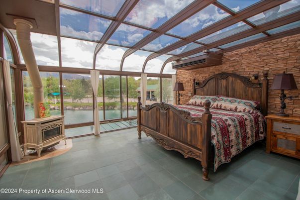 Bedroom, Fireplace, Glass Ceilings, Interior, Sun Room, Water