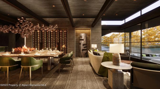Dining room, Interior, Living room, Recessed Lighting, Water, Wine Storage, Wood Texture Flooring