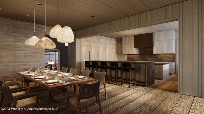 Dining room, Interior, Pendant Lights, Recessed Lighting, Wood Texture Flooring