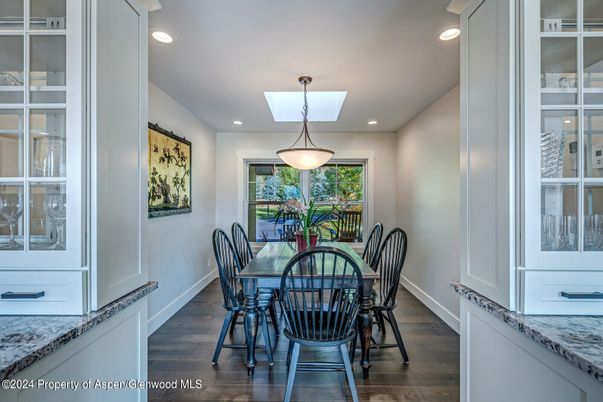 Dining room, Interior, Pendant Lights, Recessed Lighting, Wood Texture Flooring