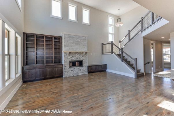 Fireplace, Interior, Pendant Lights, Recessed Lighting, Wood Texture Flooring