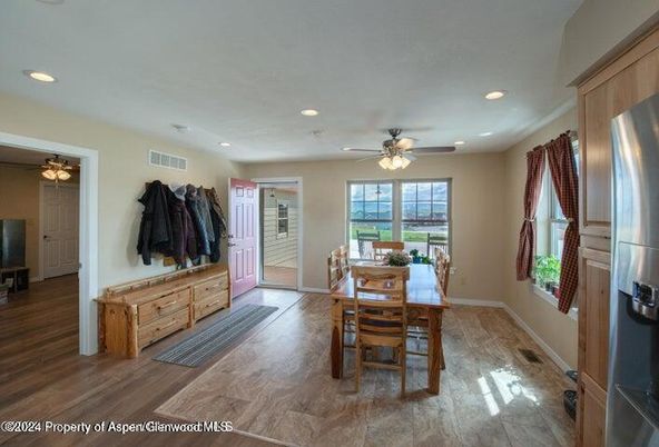 Dining room, Interior, Recessed Lighting, Wood Texture Flooring