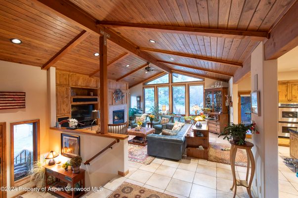 Fireplace, Interior, Living room, Recessed Lighting, Wooden Beams, Wooden Ceilings
