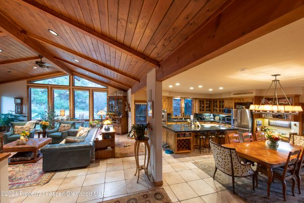 Dining room, Interior, Kitchen, Living room, Pendant Lights, Recessed Lighting, Stainless Steel Appliances, Wooden Beams, Wooden Ceilings