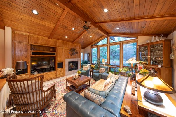 Fireplace, Interior, Living room, Recessed Lighting, Wooden Beams, Wooden Ceilings, Wooden Walls