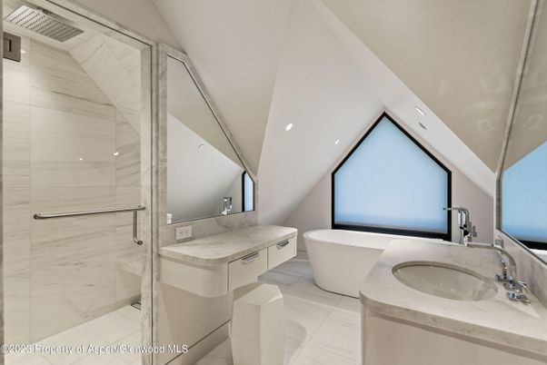 Bathroom, Dual Sink Vanities, Free Standing Baths, Glass Shower, Interior, Marble, Marble Walls, Recessed Lighting