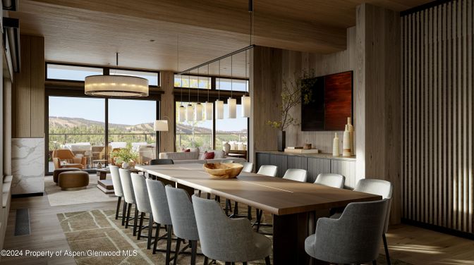 Dining room, Interior, Pendant Lights, Wood Texture Flooring