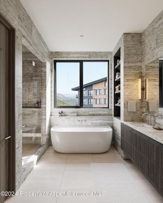 Bathroom, Dual Sink Vanities, Free Standing Baths, Glass Shower, Interior, Recessed Lighting, Stone Walls