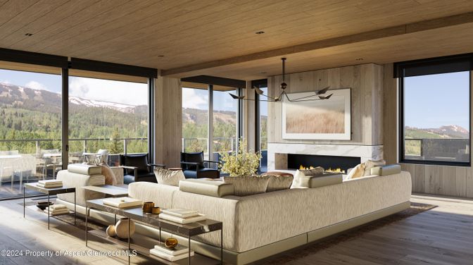 Fireplace, Interior, Living room, Pendant Lights, Recessed Lighting, Wooden Ceilings, Wood Texture Flooring