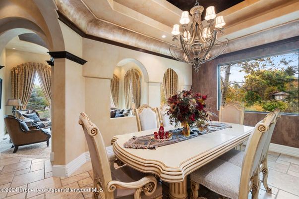 Chandelier, Dining room, Interior, Wooden Beams