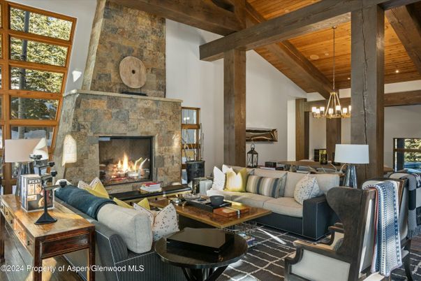Dining room, Fireplace, Interior, Living room, Pendant Lights, Stone Walls, Wooden Beams, Wooden Ceilings