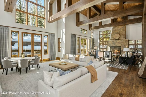 Dining room, Fireplace, Interior, Living room, Stone Walls, Wooden Beams, Wooden Ceilings, Wood Texture Flooring