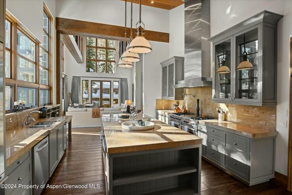 Interior, Kitchen, Living room, Pendant Lights, Recessed Lighting, Stainless Steel Appliances, Wooden Beams, Wood Texture Flooring