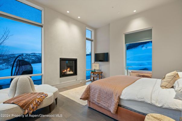 Bedroom, Fireplace, Interior, Recessed Lighting, Wood Texture Flooring