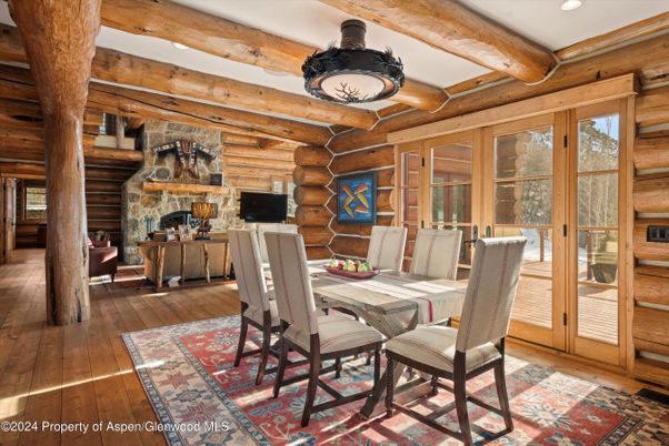Dining room, Fireplace, Interior, Recessed Lighting, Wooden Beams, Wood Texture Flooring, Wooden Walls