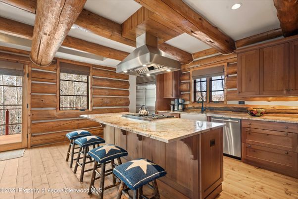 Interior, Kitchen, Recessed Lighting, Stainless Steel Appliances, Wooden Beams, Wood Texture Flooring, Wooden Walls