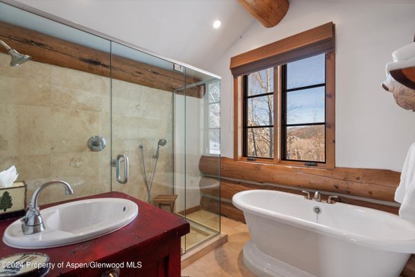 Bathroom, Free Standing Baths, Glass Shower, Interior, Recessed Lighting, Wooden Beams