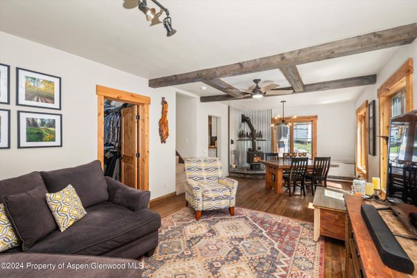 Dining room, Interior, Kitchen, Living room, Pendant Lights, Recessed Lighting, Wooden Beams, Wood Texture Flooring
