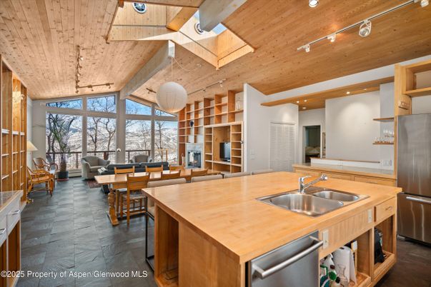 Interior, Kitchen, Living room, Recessed Lighting, Stainless Steel Appliances, Wooden Ceilings