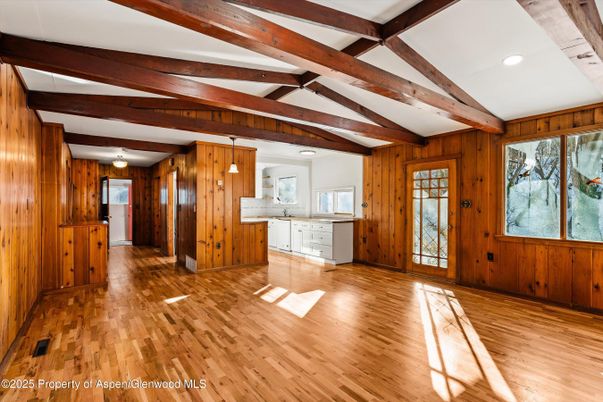 Empty room, Interior, Kitchen, Recessed Lighting, Wooden Beams, Wood Texture Flooring, Wooden Walls